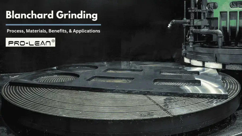 A close-up view of blanchard grinding process; an abrasive wheel grinding a large steel structure