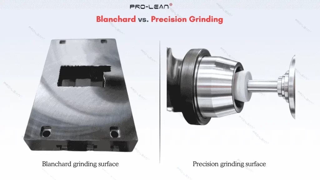 The image compares the surface finish of Blanchard vs precision surface grinding