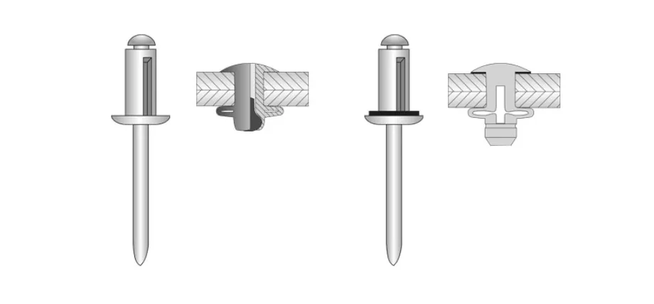 Technical illustration of an open-end blind (pop) rivet with mandrel, shown before installation alongside its set profile in a workpiece.