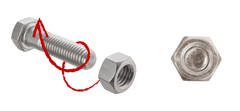 Hex bolt and nut assembly with red arrow indicating clockwise tightening direction, alongside a separate lock nut with nylon insert.