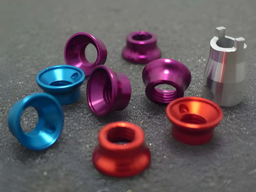 CNC-machined aluminum components with an anodized surface finish, enhancing corrosion resistance, wear protection, and aesthetic appearance