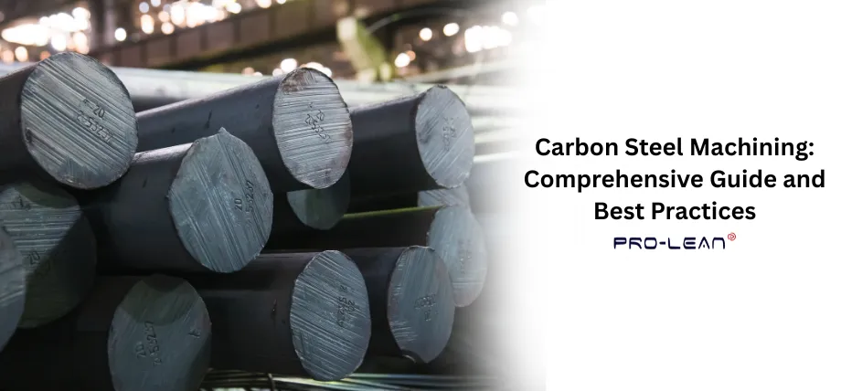 Stacked carbon steel round bars in a warehouse setting, featuring end markings and overlay text for a comprehensive guide to carbon steel machining.