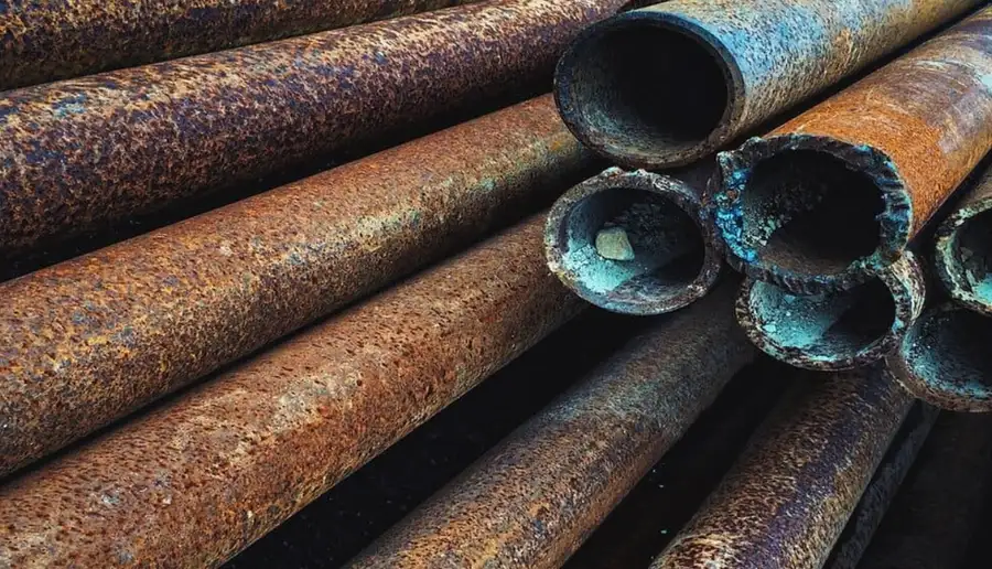 Rusted carbon steel pipes with rust and blue-green deposits on surfaces