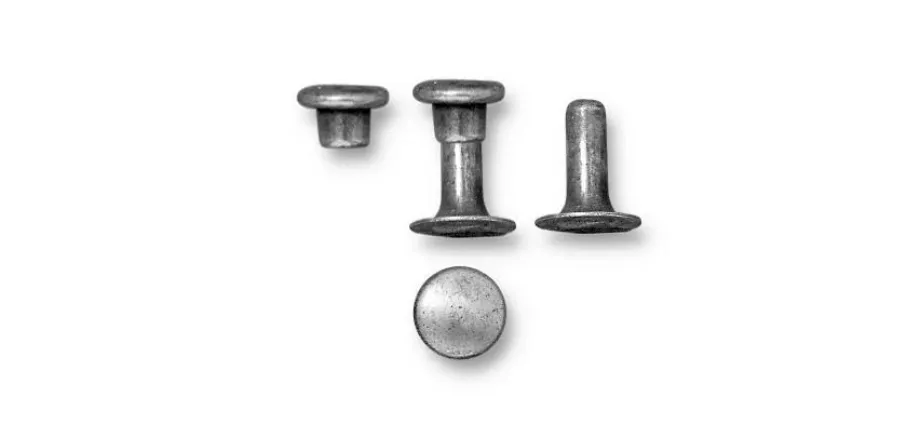 Disassembled compression (tubular) rivet set showing two tubular bodies with flange heads