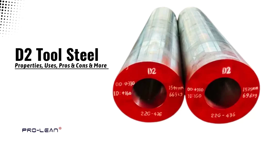 A feature blog image with a pair of D2 tool steel rods with red tops and overlaid text (D2 Tool Steel: Properties, Uses, Pros & Cons & More).