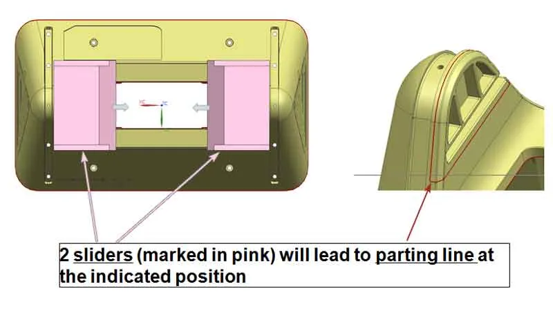 diagram of injection mold DFM with two pink sliders