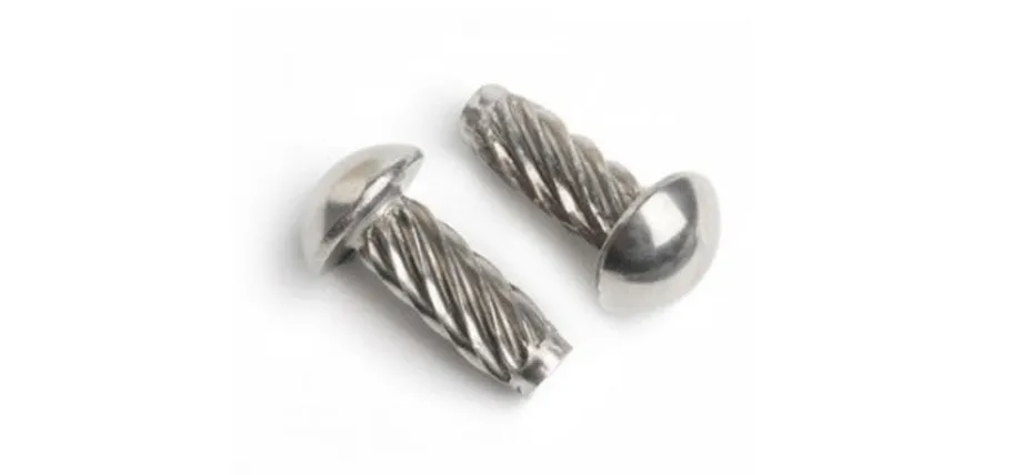 Two uninstalled drive rivets featuring domed heads and helically grooved shanks