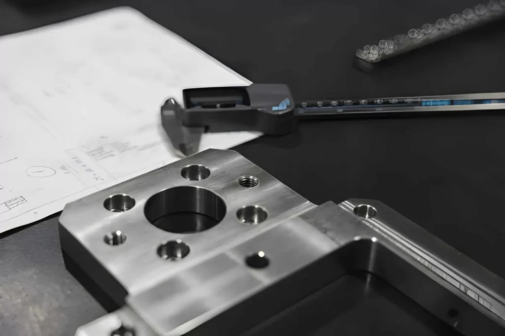 The image shows EDM-machined metal parts on an engineering drawing in a precision manufacturing workspace.