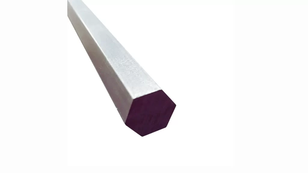 Hexagonal EN1A mild steel bar with smooth metallic gray surface.