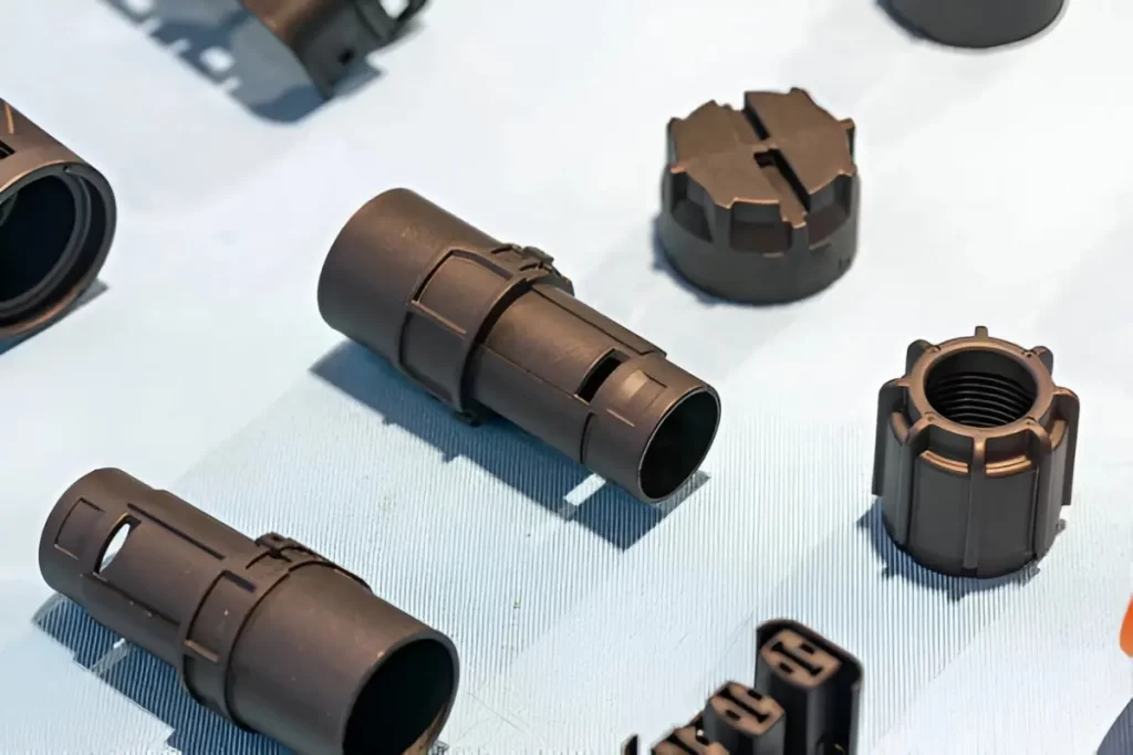 Several HIPS injection molded parts are neatly arranged on a table.
