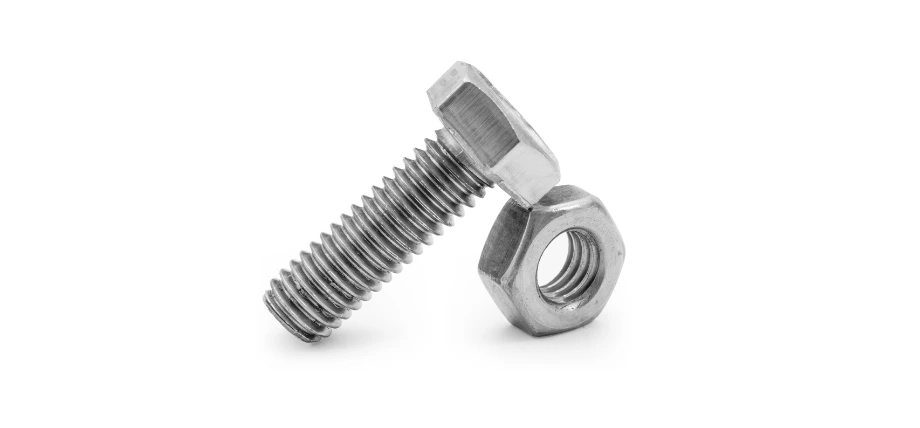 Close-up of a single silver hex-head bolt with full threading and a matching hex nut, displayed against a white background.