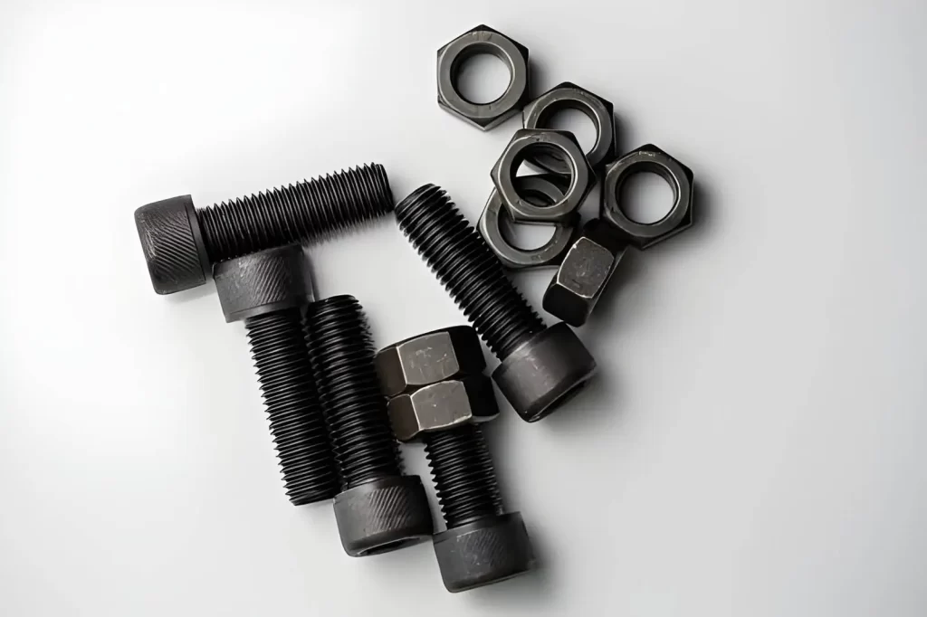 The image shows hexagonal head bolts with black oxide coating, providing mild corrosion resistance and a uniform dark finish.