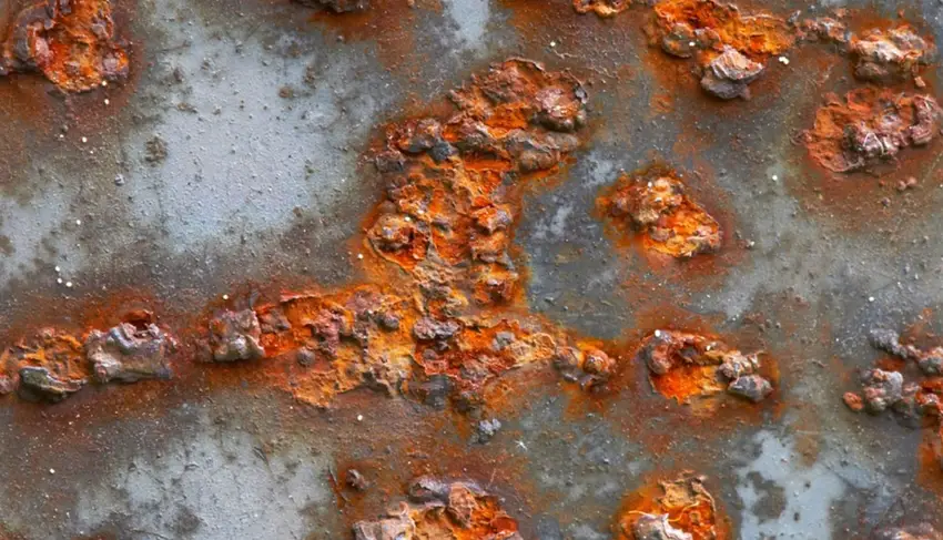Intergranular corrosion on a metal surface showing localized spots