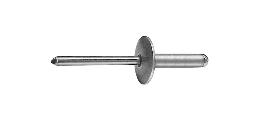 Oversized wide flange head for greater bearing surface and pull-through resistance.