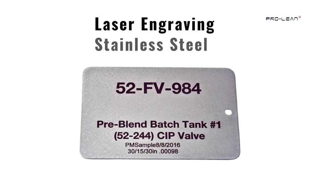 The image shows stainless steel data plates being laser-etched with precise markings