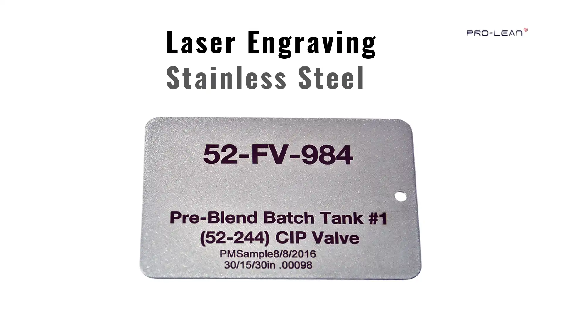 The image shows stainless steel data plates being laser-etched with precise markings