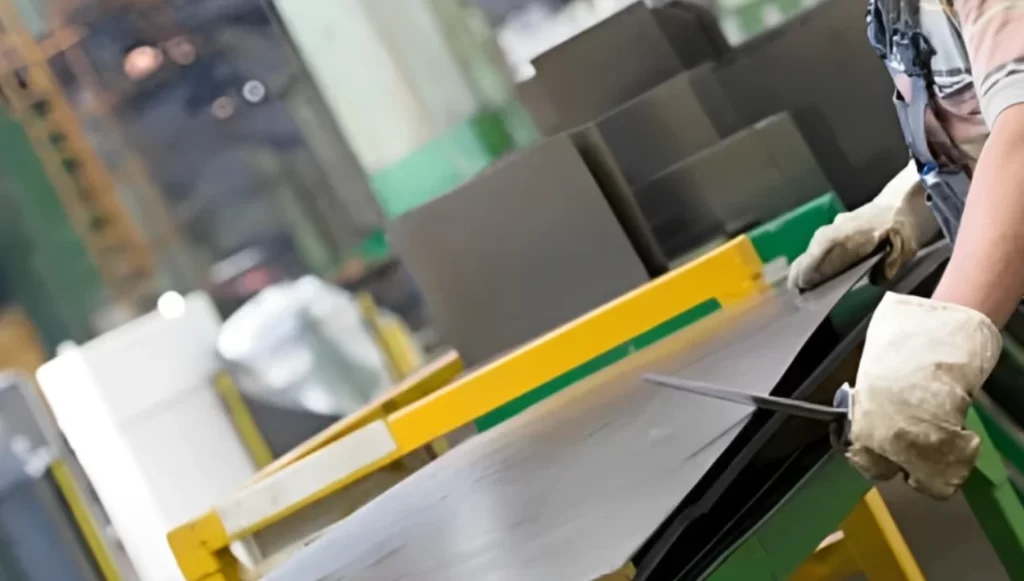 Worker manually deburring sheet metal with a hand tool