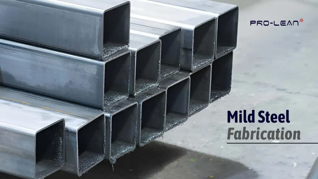 Feature Image with ‘Mild Steel Bars’, neatly stacked and text bolded ‘Mild Steel Fabrication’.