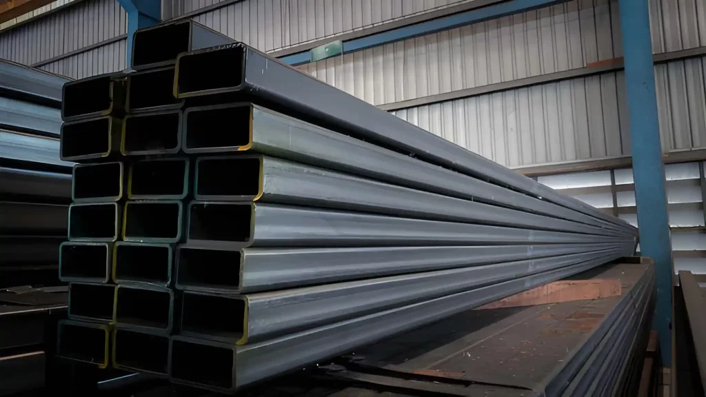 Mild steel square bar stock in a factory setting.