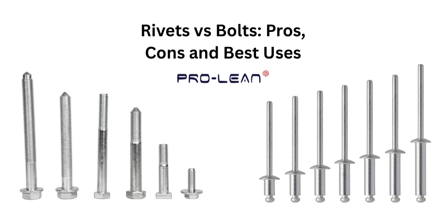A visual comparison of bolts (left, threaded with hex heads) and rivets (right, smooth shafts with mandrels), arranged by size with text “Rivets vs bolts: Pros, Cons and Best Uses