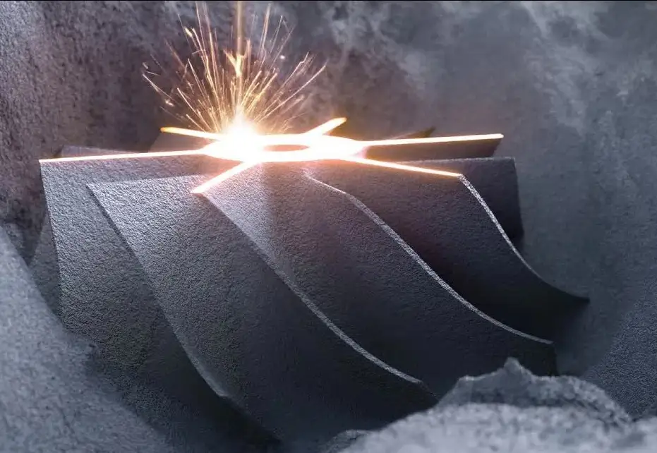The image shows a selective laser sintering (SLS) 3D printing process where a laser fuses powdered material layer by layer to form a solid part.
