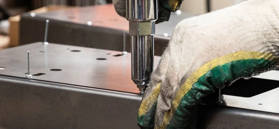 Gloved hand using a pneumatic rivet gun to install a blind rivet into overlapping sheet metal panels.