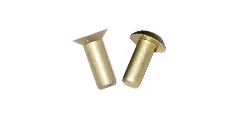 Two uninstalled brass solid rivets side-by-side: left with countersunk head for flush fitting, right with domed round head for raised finish