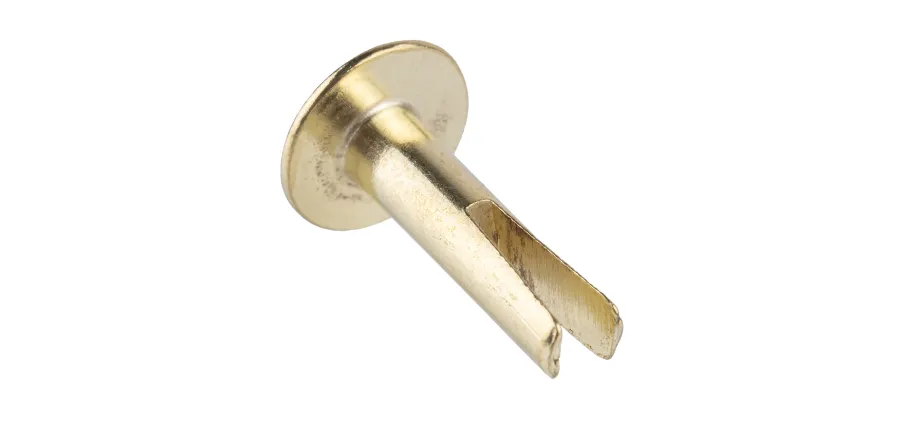 Uninstalled brass split rivet with flat head and bifurcated shank that spreads into two legs