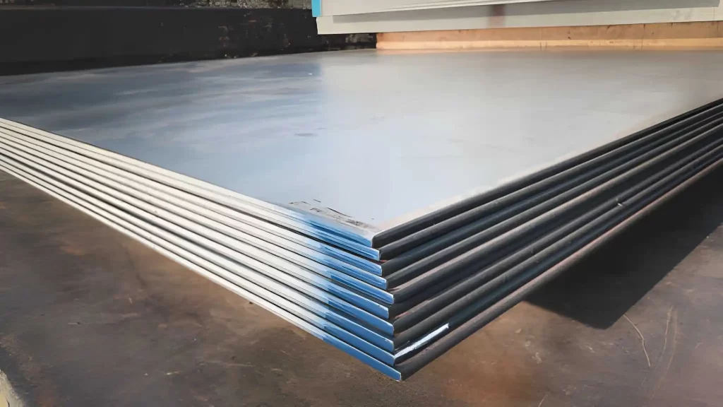 A stack of stainless steel sheets on a factory floor.