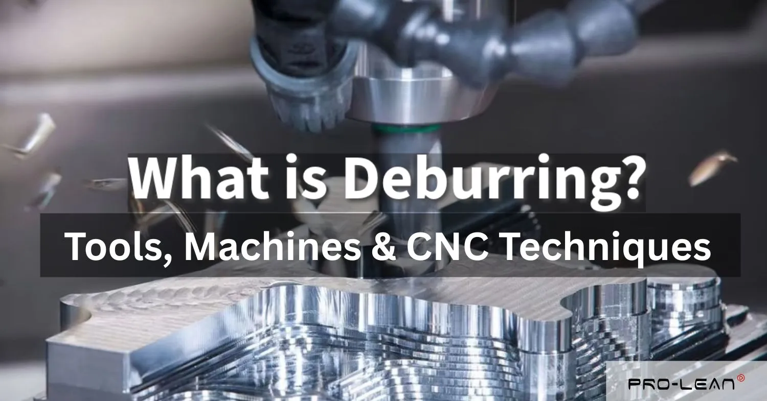 A CNC machine cutting a shiny metal block, with the text 'What is Deburring? Tools, Machines & CNC Techniques are overlaid on the image.
