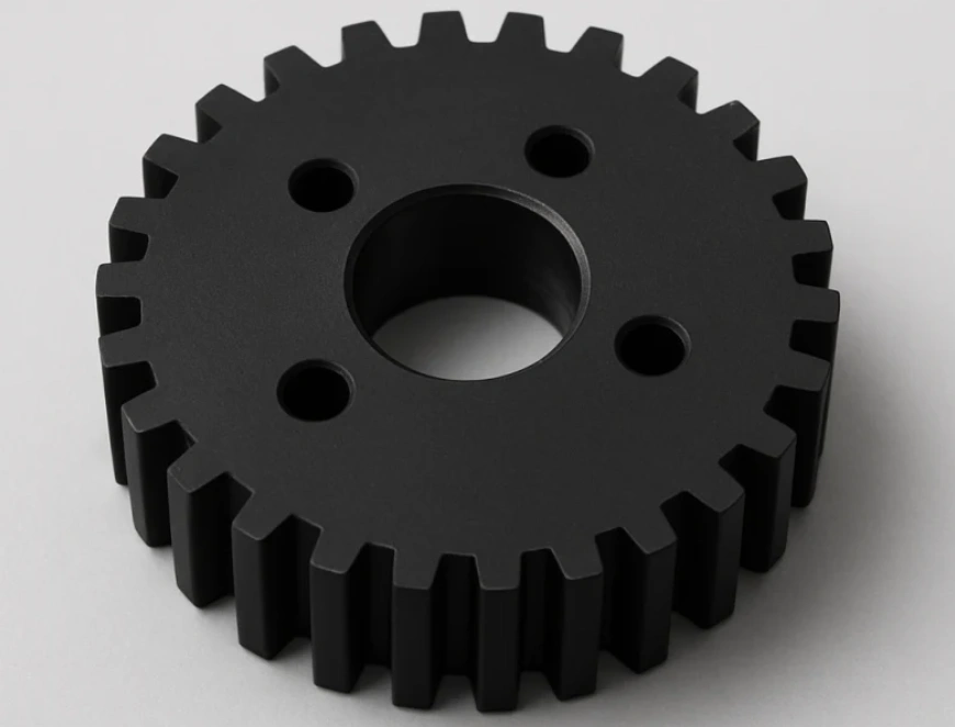 Black injection-molded acetal precision gear with evenly spaced teeth, and center bore on a grey background.