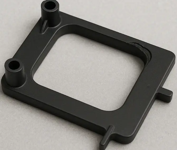 Black injection-molded plastic frame with a short shot plastic injection molding defect causing a visible surface imperfection, affecting part aesthetics