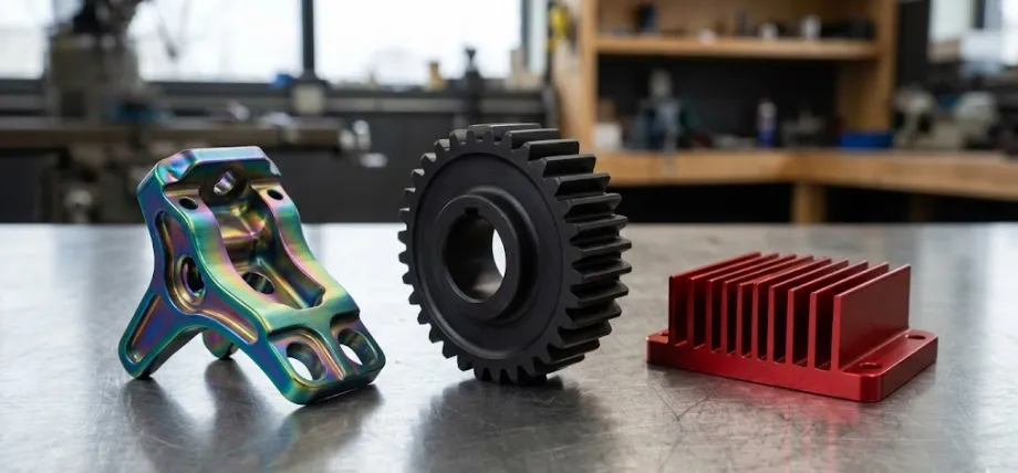 Three custom-machined metal parts: a rainbow iridescent bracket, a matte black spur gear, and a red anodized heat sink
