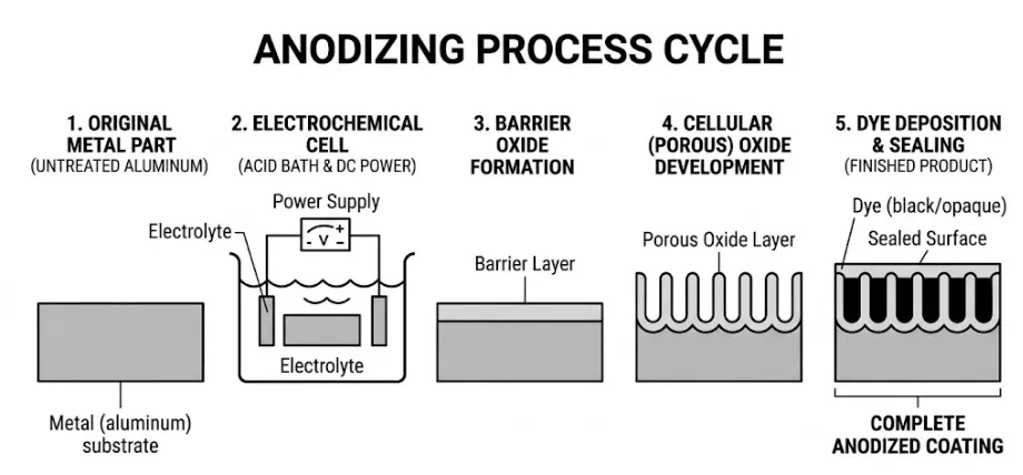 A 5-step technical diagram titled 'Anodizing Process Cycle' illustrating the transformation of an aluminum substrate into a complete anodized coating.