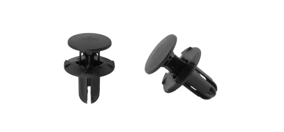 Two black plastic push-in rivets shown from front and side views against a white background