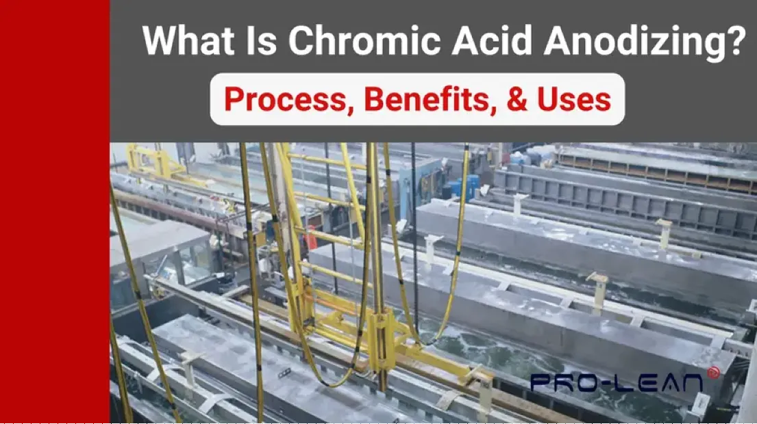 Industrial chromic acid anodizing tank line with yellow automated hoist and text overlay reading "What Is Chromic Acid Anodizing? Process, Benefits, & Uses."