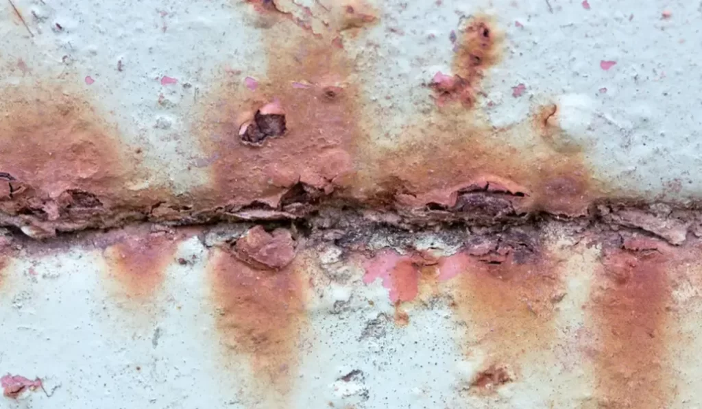 Crevice corrosion on a painted metal surface with peeling paint and exposed deteriorated steel