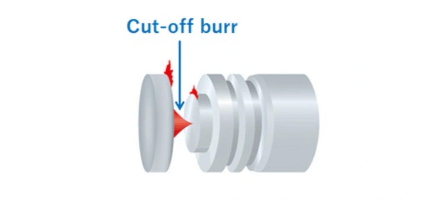 Cut-off burr formation on machined cylindrical part