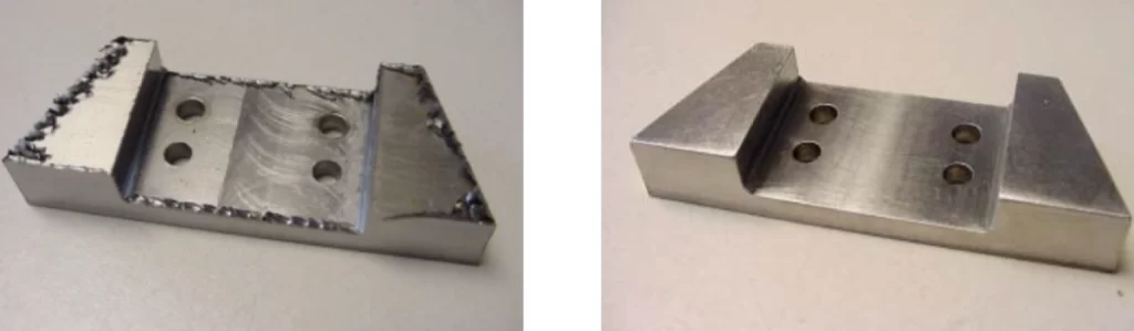Metal parts before and after deburring, showing burr removal results