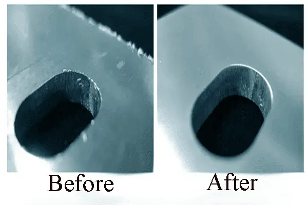 Metal part with rough, jagged edges around a hole before deburring, compared to the same part with smooth, clean edges after deburring