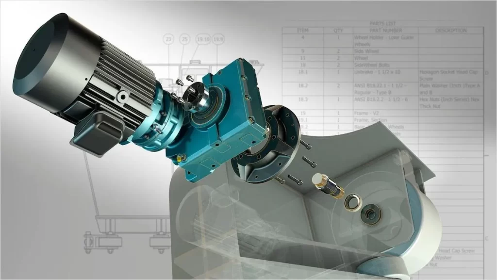 3D CAD model of motor assembly with gearbox and its parts