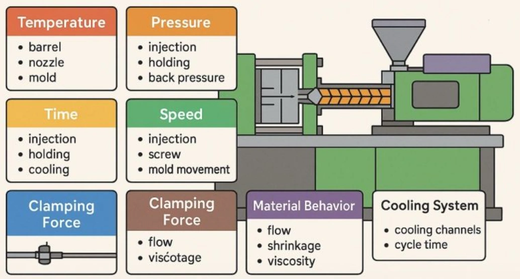 nfographic of an injection molding machine illustrating key process parameters — temperature, pressure, time, speed, clamping force, material behavior, and cooling system