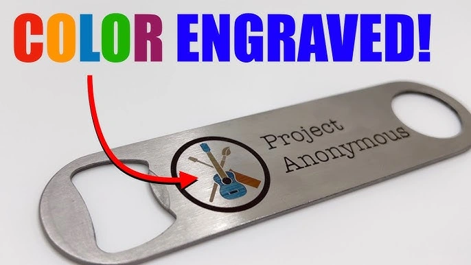 Color-engraved stainless steel bottle opener with guitar artwork and text