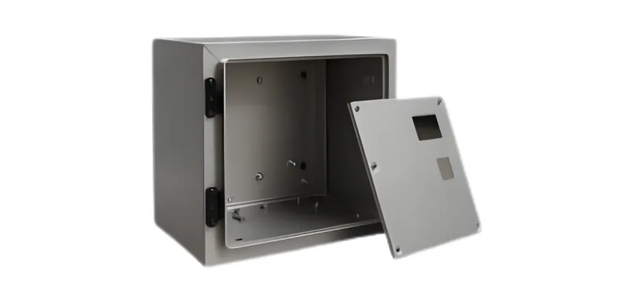 Powder-coated sheet metal electrical enclosure with hinged door open and removable gland plate detached, showing internal mounting holes