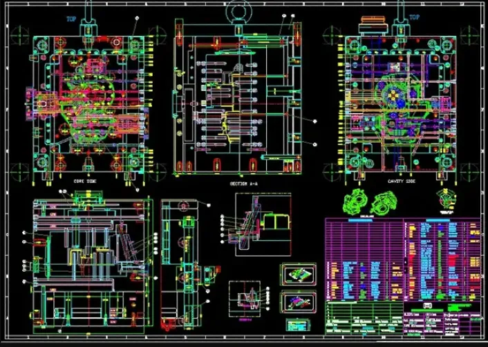 Detailed CAD drawing of an injection mold design showing core side, cavity side, and cross-section views