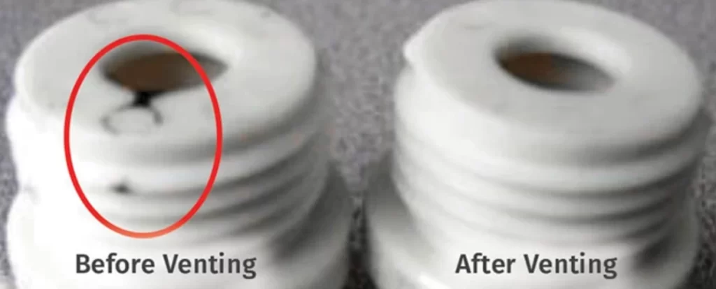 Injection-molded part with a short shot defect caused by poor venting, compared to a complete part after venting correction