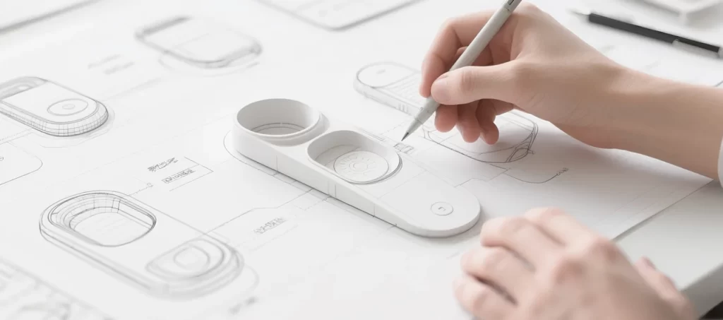 Designer sketching plastic part drawings alongside a white injection-molded prototype model on a desk.
