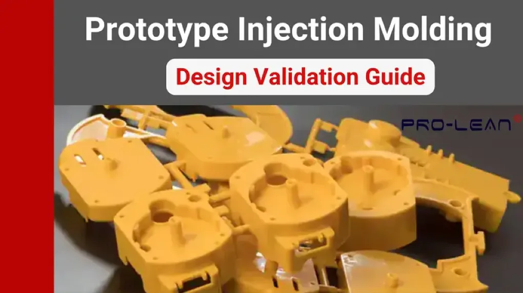 Yellow injection-molded plastic prototype parts alongside text saying 