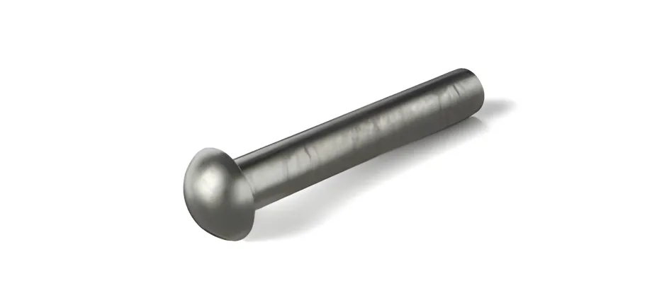Close-up rendering of an uninstalled solid rivet with a classic semi-spherical (round) head and cylindrical shank, typically used for permanent high-strength fastening.