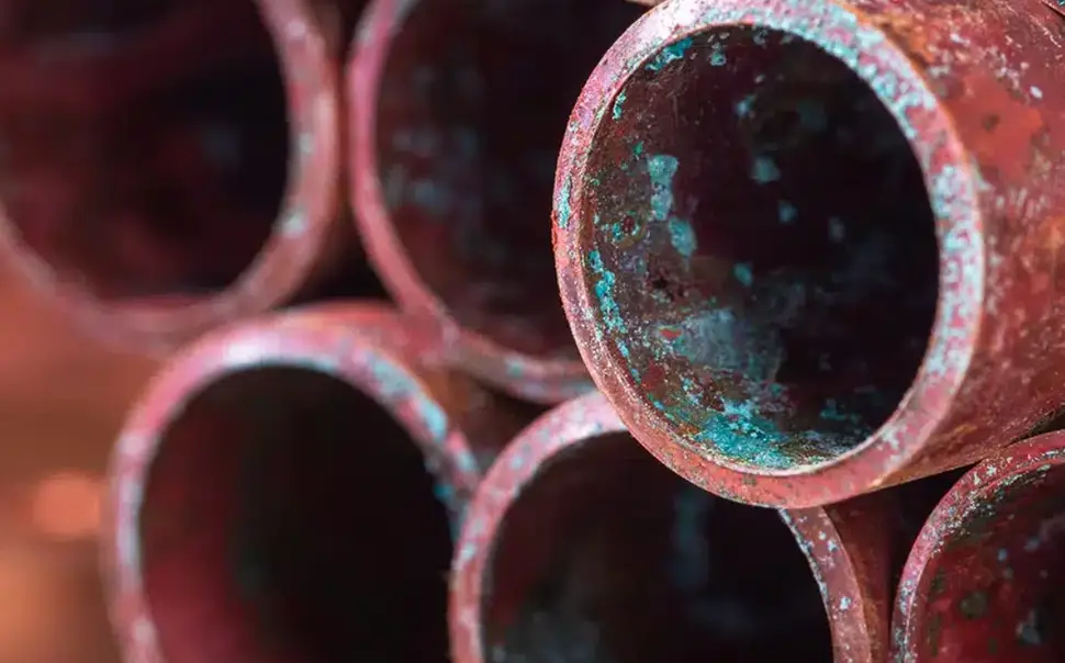 Selectively corroded metal pipes showing green-blue patina oxidation on interior surfaces